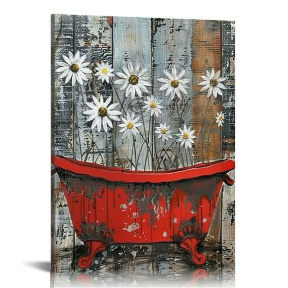 Nawypu  Rustic Farmhouse Red Daisy Wall Art Red Bathroom Wall Art Modern Daisy Flower Wall Art Canvas Pictures Vintage Flower Daisy Wall Art Decor Bathtube Artwork Bedroom