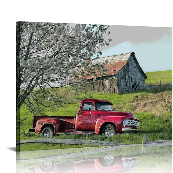 Nawypu Rustic Red Truck Canvas Wall Art Farmhouse Decor, Living Room Wall Pictures Vintage Old Barn Painting Canvas Print, Country Landscape Bedroom Wall Decor, Living Room Wall Art