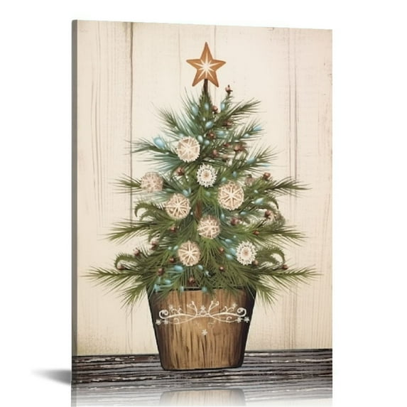 Nawypu Rustic Seashell Christmas Tree Canvas Wall Art,