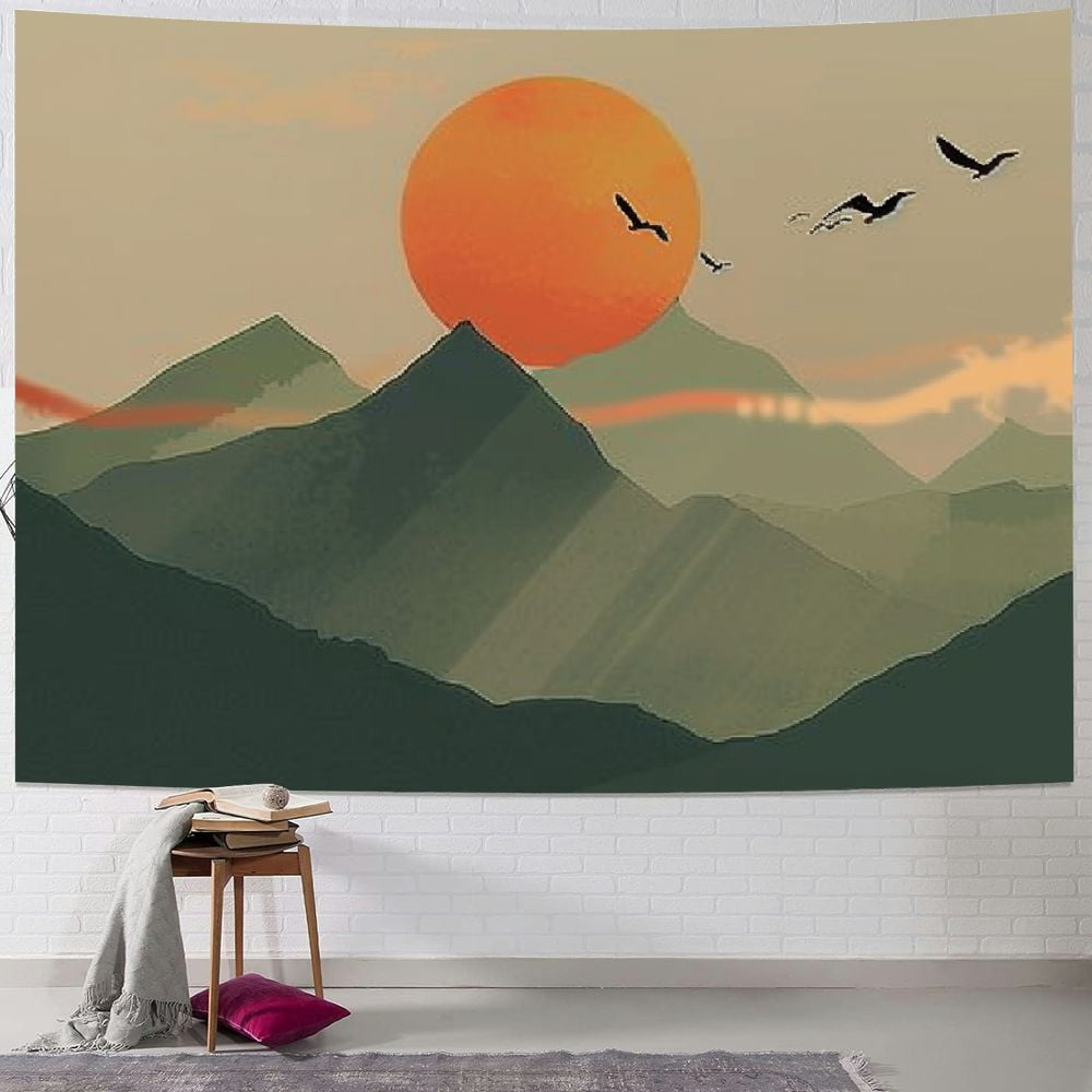 JAWO Boho Sage Green Tapestry - Abstract Mountain & Sun Wall Hanging, 40x30 Inches, For Bedroom, Dorm, Home Decor