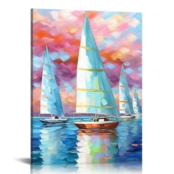 Nawypu Sailboats Painting Wall Art Abstract Colorful Boats Ocean Coastal Poster Canvas Picture for Bedroom Bathroom Dining Room Kitchen Decorations Framed Ready to Hang