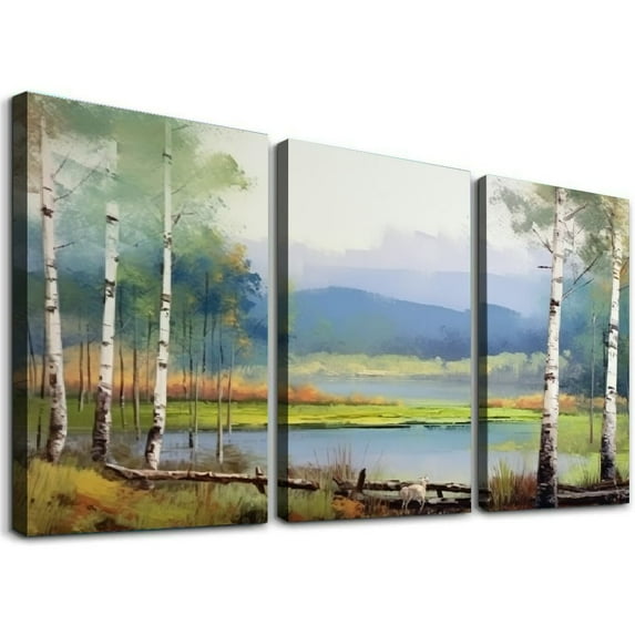 Nawypu Scenery Wall Art Forest Landscape Tree Canvas Textured Painting Mountain Panoramic Picture, Modern Colorful Print Artwork Framed for Living Room Bedroom Bathroom 12''x16''X3 Panels
