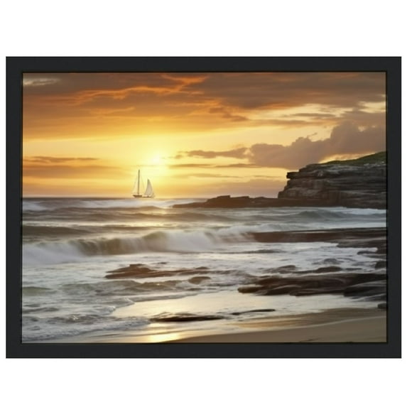 Nawypu Sea Canvas Wall Art Print: Framed Large Ocean Artwork Sunset Beach Seascape Picture Coastal Sailboats Scene Painting for Living Room Bedroom Art Decor