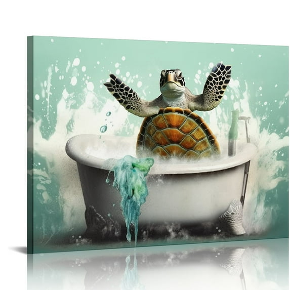 Awypu Sea Turtle Bathroom Decor Wall Art Funny Teal Turtle Bathtub Pictures Wall Decor Country Bathroom Sign Canvas Print Painting Framed Artwork Modern Home Decorations For Toilet