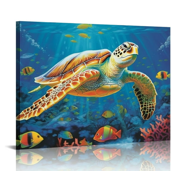 Nawypu Sea Turtle Canvas Wall Art Bathroom Pictures Wall Decor Beach Decorations for Home Bedroom Living Room, Framed Colorful Coastal Nautical Sea Turtle Art Decor Ready to Hang