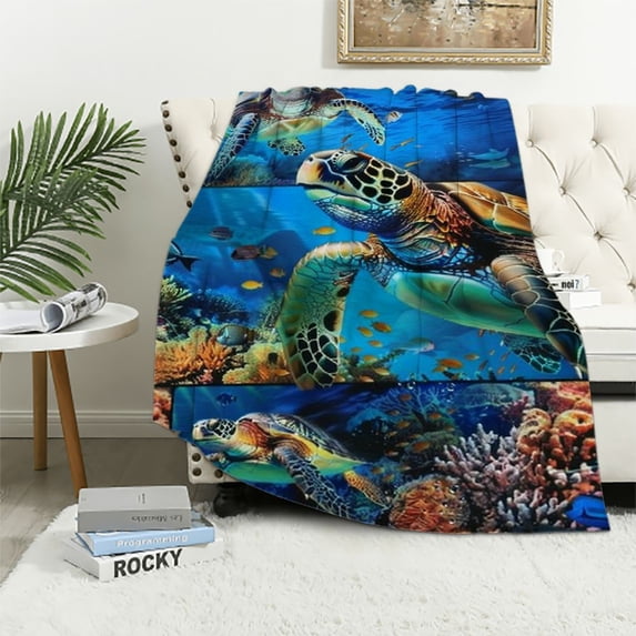 ONETECH Sea Turtle Throw Flannel Blanket Gifts for Turtle Lovers Soft Cozy Throws Lightweight Ocean Blankets for Couch Sofa Bed Chair Valentine's Day