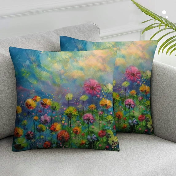 Nawypu Set of 2 Flower Throw Pillow Cushion Cover, Dandelions Featured in Garden with Brushstrokes Watercolored Abstract Landscape Art, Decorative Square Accent Pillow Case, Green Yellow
