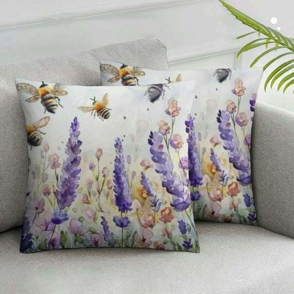 Nawypu Set of 2 Spring Summer Floral Throw Pillow Cover - Watercolor Lavender Field with Butterflies and Bees Design, Nature-Inspired Botanical Garden Cushion Case for Home, Sofa, Bed Decor
