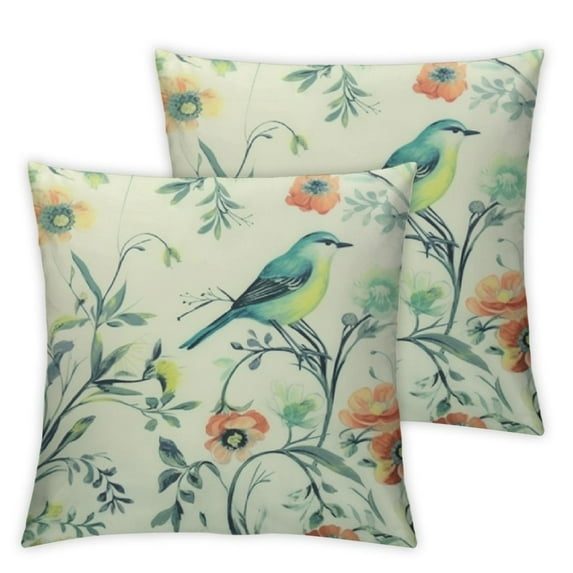 Nawypu Set of 2 Throw Pillow Covers, Green Birds Flowers Pattern Printed Country Farmhouse Home Decoration Throw Pillowcases, Cushion Cover for Bed Couch Sofa Office