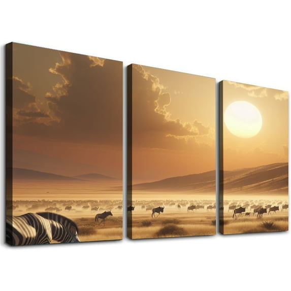 Nawypu Setting Sun Wild Animals Crossing Wildebeest and Zebra Poster Decorative Painting Canvas Animals Wildebeest and Zebra Wall Art Living Room Posters Framed