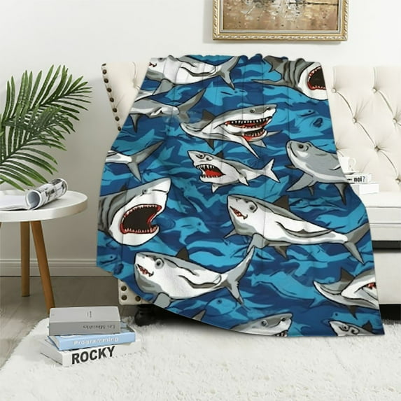Nawypu Shark Blanket for Kids, Comfy Plush Flannel Throw Blanket Navy Lightweight Warm Cute Shark Blanket for Boys and Girls Birthday Gifts, Travel and Beach