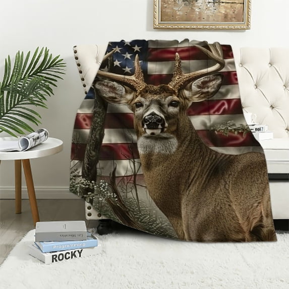 Nawypu Sherpa Blanket US Flag with Deer Forest Soft Warm Print Throw Blanket Adults Gift Sofa Chair Bed Office