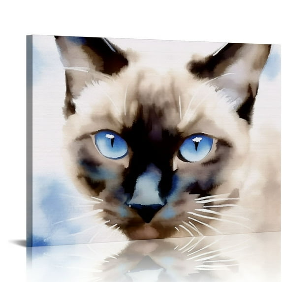 Nawypu Siamese Cat Canvas Wall Art Decor With Stunning Blue Eyes , Unique, Realistic Siamese Cat Watercolor Picture Wall Art Decoration For Bedroom, Living Room, Kitchen, Family Bathroom, Home