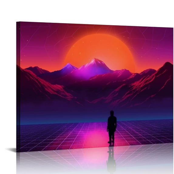 Nawypu Simulation Synthwave Canvas Art - Man Walking Grid Vaporwave Cyberpunk Home Decor Print Poster Painting