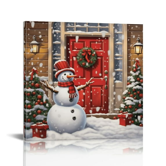 Nawypu Snowman Christmas Canvas Wall Art- Winter Xmas Pictures Bathroom Wall Decor, Red Snowman Canvas Poster Winter Landscape Framed Ready To Hang