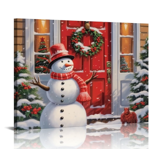 Nawypu Snowman Christmas Canvas Wall Art- Winter Xmas Pictures Bathroom Wall Decor, Red Snowman Canvas Poster Winter Landscape Framed Ready To Hang