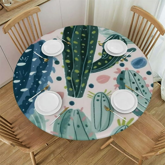 Nawypu Spring Cactus Drawn Round Tablecloth Waterproof Table Cloth with Elastic Edge Wipe Clean Table Cover for Indoor Outdoor