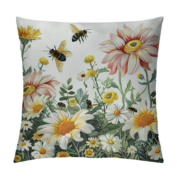 Nawypu Spring Floral Pillow Cover with Butterflies and Bees, Watercolor Yellow and White Flowers, Decorative Cushion Case for Home and Living Room Decor
