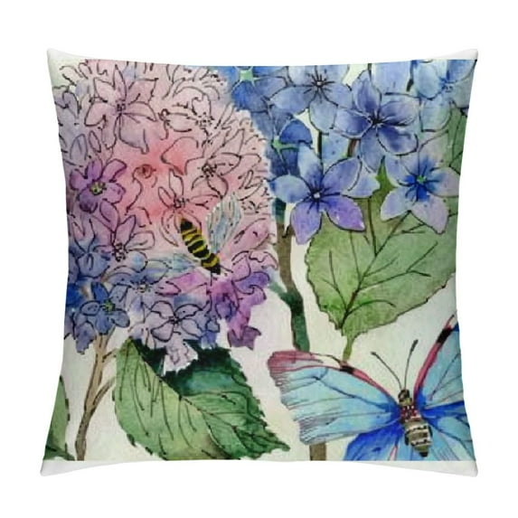 Awypu Spring Floral Pillow Covers Pink Purple Hydrangea Flowers Butterfly Decorative Throw Pillow Covers Outdoor Summer Decorations Farmhouse Decor for Sofa Couch Bedroom