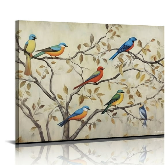 Nawypu Spring Flowers Canvas Wall Art Birds on Tree Branches Picture Giclee Prints Grey Reproduction for Bedroom Ready to Hang