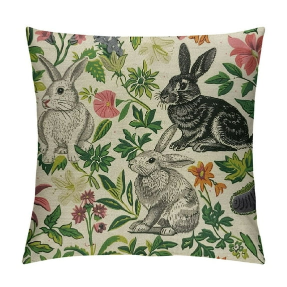 Nawypu Spring Pillow Covers Rabbit Bunny Pink Flower Sage Green Leaves Vintage Botanical Plants Easter Themed Print Decorative Throw Pillows Seasonal Pillow Cases Couch Bed Sofa Decor
