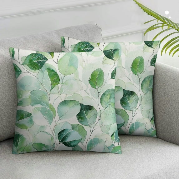 Nawypu Spring Pillow Covers Sage Green Eucalyptus Branches Floral Leaf Print Watercolor Decorative Throw Pillows for Home Sofa Seafoam Green Grey Gray Square Cushion Pillowscase, Set of 2