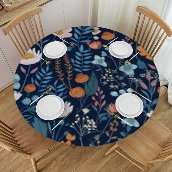 Nawypu Spring Summer Floral Tablecloth Round Farmhouse Navy Blue Background Wildflower Round Tablecloth Polyester Washable Table Cover Table Cloth for Kitchen Dining Room Picnic Patio Party