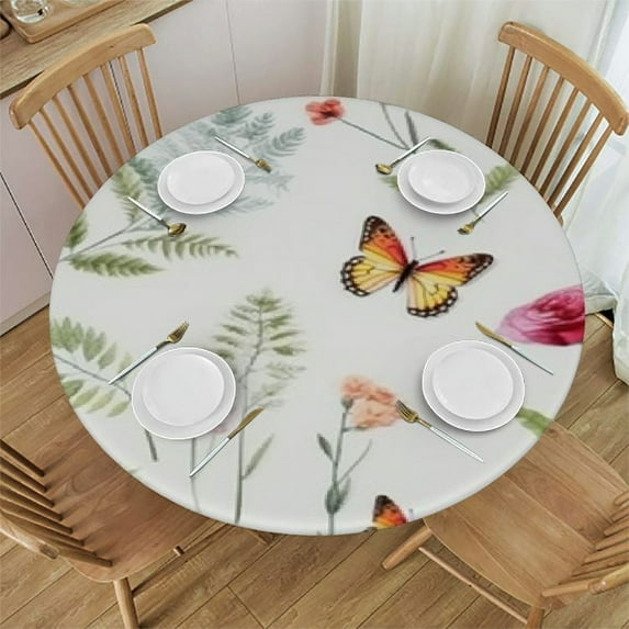 Nawypu Spring Summer Floral Tablecloth Round Watercolor Butterfly Flower Table Cloth Washable Farmhouse Table Covers Kitchen Holiday Picnic Party Dinner Room Picnic Outdoor Decor