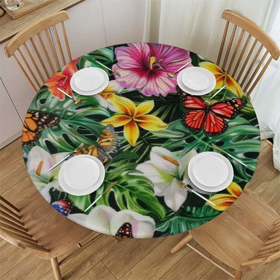 Nawypu Spring Summer Round Tablecloth Butterfly Spring Summer Palm Leaves Table Cloth Decorative Fabric Table Cover for Dining Table, Buffet Parties and Camping
