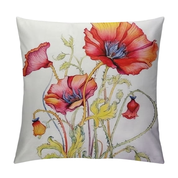 Nawypu  Square Pillow Cover Red Poppies Flowers Watercolor Hand Painted Throw Cushion Covers for Couch Chair Bedroom