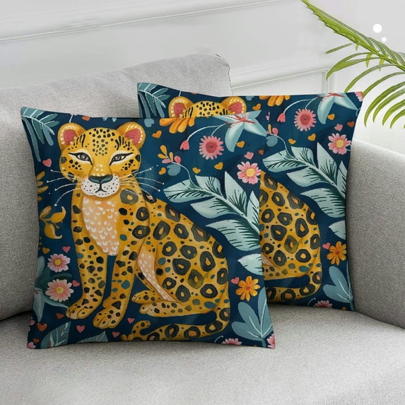 Nawypu Square Throw Pillow Covers Cute Cheetah Cartoon Animal Grass Branches Leaves Flowers Soft Trim Cushion Cover for Bed Sofa Coffee Shop Chair Decoration,Set of 2