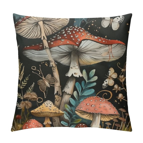 Nawypu Square Throw Pillow Covers Forest Mushrooms Green Leaves Pillow Cases Decorative for Home Bedroom Sofa Meadow Floral Butterfly Dragonfly Painting Pillowcases Standard Size