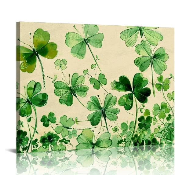 Nawypu St. Patrick's Day Canvas Wall Art Framed Wall Decoration Lucky Clover Wall Oil Paintings Leaves Green Nature Aesthetic Wall Artwork Ready to Hang Wall Pictures for Living Room Bedroom Decor