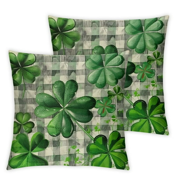 Nawypu St. Patrick’s Day Spring Pillow Covers Lucky Charm Kisses Irish Green Clovers Shamrocks Leaves Pillow Cover Grey Buffalo Plaid Farmhouse Decorations Cushion Case 2pc