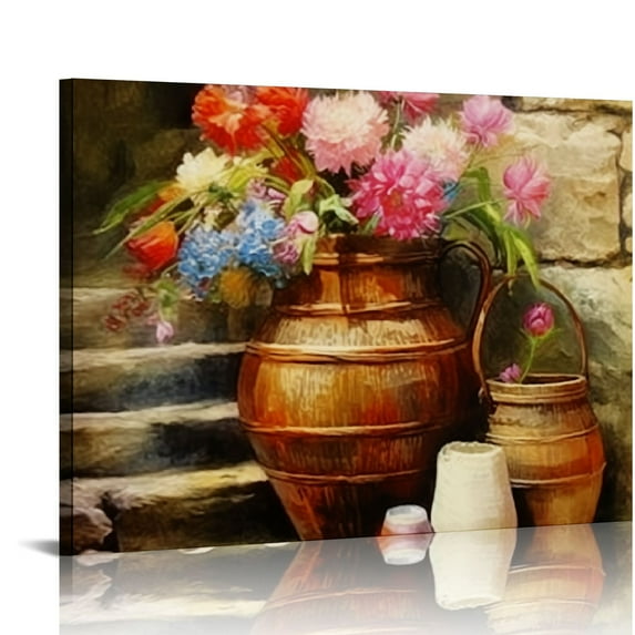 Nawypu Streets of Old Mediterranean Town Painting Windows Door Flower Pictures Wall Decor Canvas Framed for Living Room Bedroom Vintage Italian Rural Village Poster Prints Ready to Hang