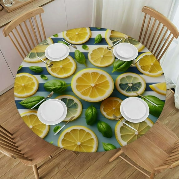 Nawypu Succlent Lemon Round Fitted Tablecloth with Elastic Edge Fitted Table Cloth for Round Table Circular Table Cover Waterproof Wipeable Round Elastic Table Cloth