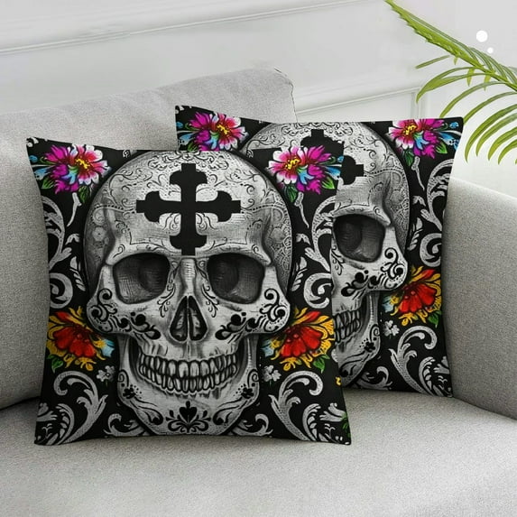 Nawypu Sugar Skull Set of 2 Square Throw Pillow Cover Mexican Day of The Dead Sugar Skull Rose Soft Pillowcases Pillow Cushion Covers for Home Sofa Couch Garden Bench Car Decoration