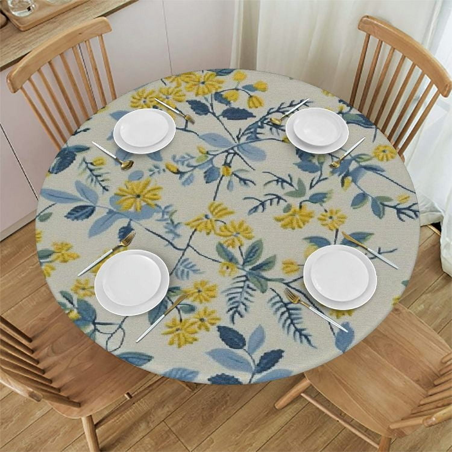 Nawypu Summer Yellow Flowers Fitted Tablecloth for Round Table,Navy ...