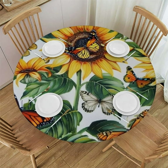 Nawypu Sunflower Butterfly Round Edged Table Cover Vintage Floral Spring Decorative Retro Round Table Cloth with Dust-Proof Wrinkle Resistant for Home Kitchen Dining Room Patio Outdoor Picnic Party