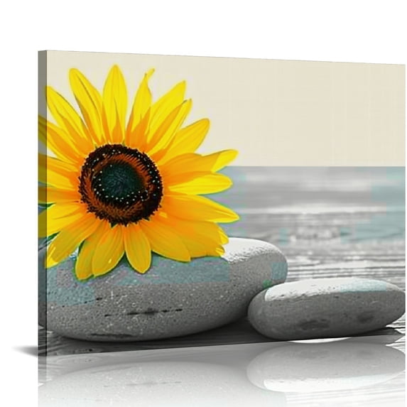 Nawypu Sunflower Canvas Wall Art 3 Pieces Yellow and Grey Painting Relaxing Zen Stone Pictures Print Artwork for SPA Bathroom Yoga Room Bedroom Decoration Framed