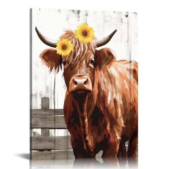 Nawypu Sunflower Highland Cow Wall Art: Funny Farm Animal Canvas Picture Painting, Rustic Farmhouse Artwork Decor Bathroom Decoration, Cute Brown Cattle Poster Print for Home Kitchen 16x20 inch