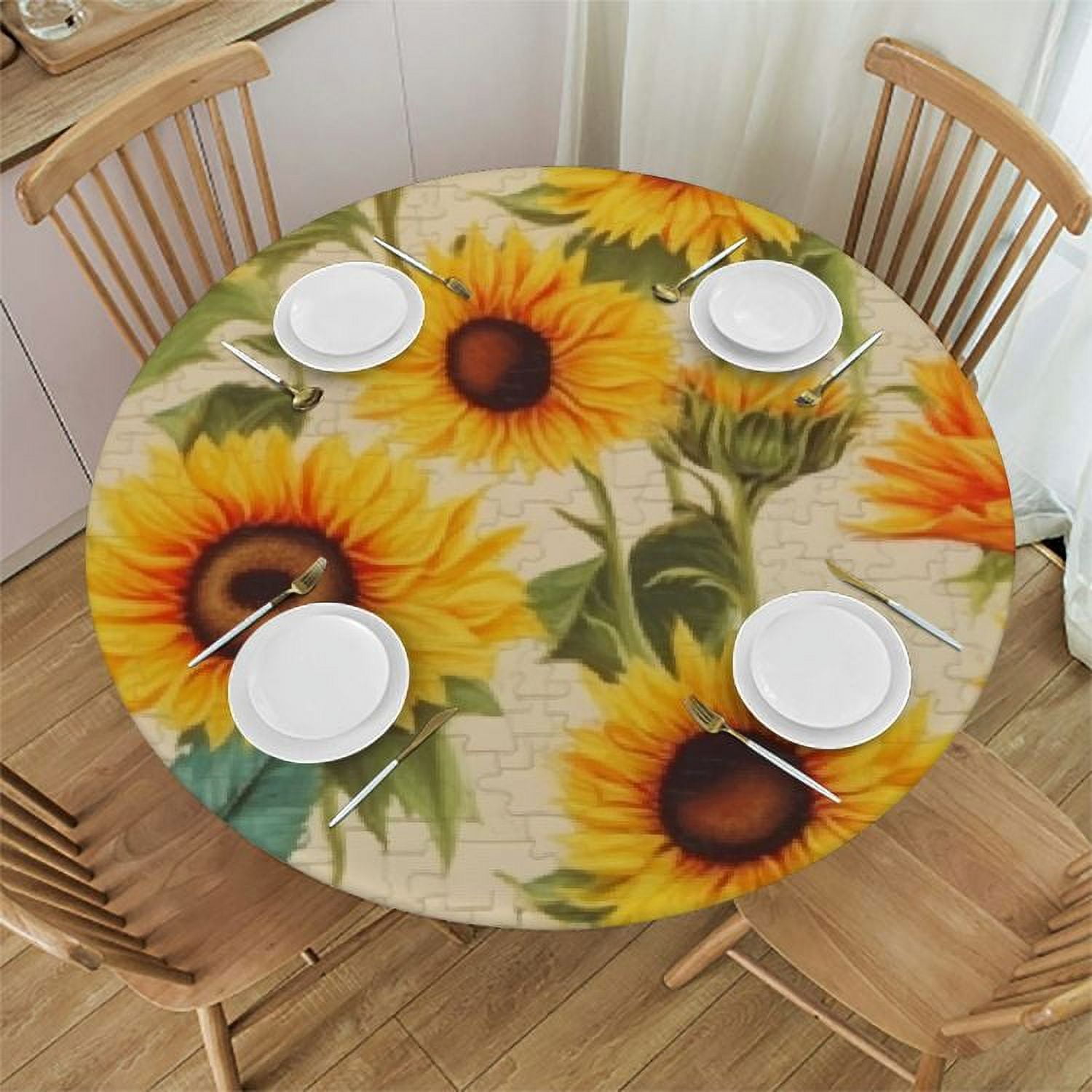 Nawypu Sunflower Round Fitted Tablecloth with Elastic Edge, Polyester