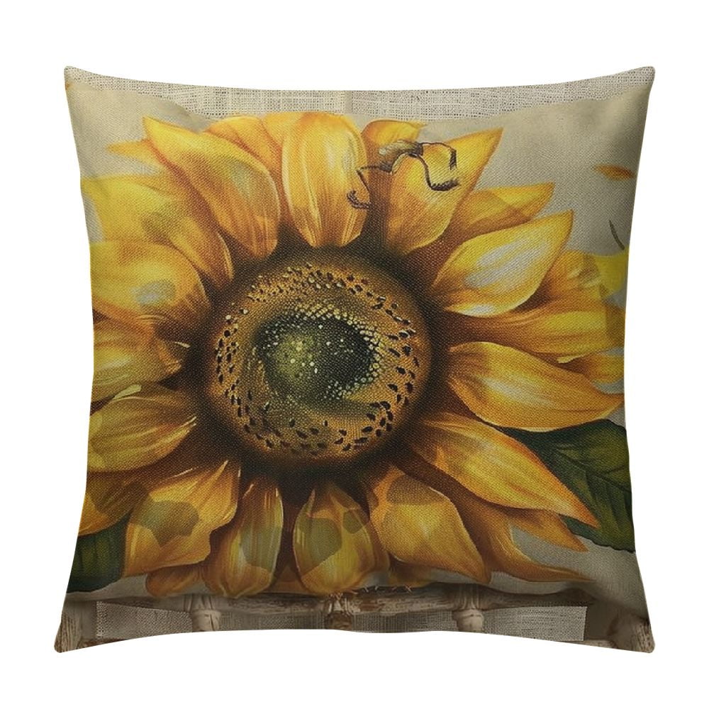 Nawypu Sunflowers Decorative Throw Pillow Cover Bees Flying on Vintage