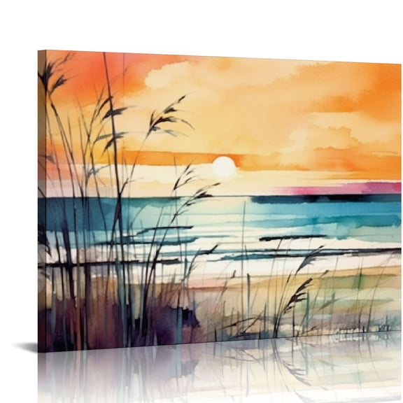 Nawypu Sunset Beach Canvas Wall Art Abstract Coastal Seaside Landscape Paintings Decor Watercolor Tropical Nature Ocean Seascape Prints Pictures Artwork for Living Room Bathroom Home Decoration