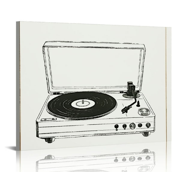 Nawypu Sylvie Victrola Record Player Framed Canvas Wall Art Gray, Boho Chic Music Decor