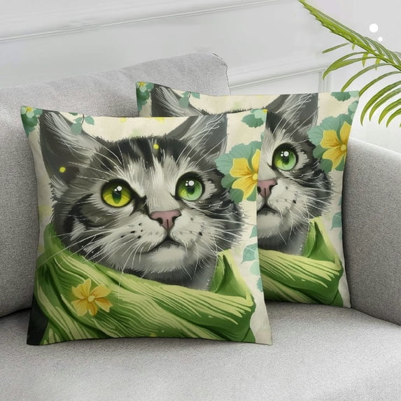 Nawypu Tabby Cat Pillow Covers Cute Kitty Kitten with Green Scarf Decorative Throw Pillow Covers Spring Summer Floral Pillow Cases Set of 2 for Farmhouse Patio Living Room