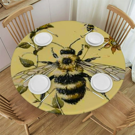 Nawypu Table Covers with Elastic Edge,Summer Farm Bee Kitchen Fitted Table Cloth for Round Tables,Yellow Sunflowers Blossoms Oil Proof Waterproof Tablecloth for Indoor Outdoor Picnic Party