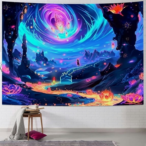Nawypu Tapestry Neon Butterfly Tapestry Mountain Tapestry Galaxy Space Tapestry Fantasy Flower Plant Tapestry Wall Hanging for Bedroom