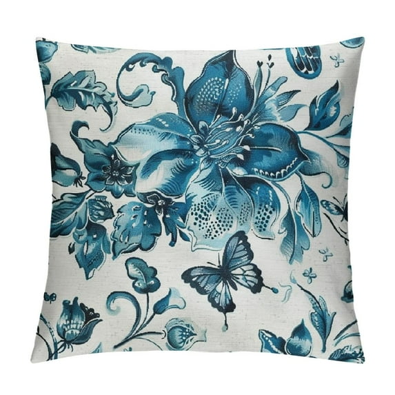 Awypu Teal Chinoiserie Pillow Cover 18x18 Inch Vintage Blue Floral Decorative Outdoor Throw Pillows Teal and White Square Cushion Case for Bedroom Living Room Sofa Couch Home Decor