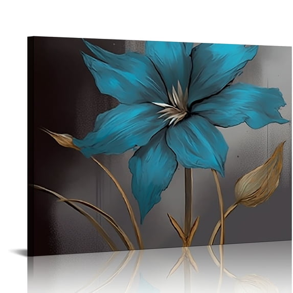 Nawypu Teal Gray Flower Wall Art Painting Turquoise Blue Floral Picture Print on Canvas Still Life Artwork Home Kitchen Bedroom Bathroom Decor Gift Stretched Ready to Hang